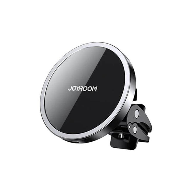 JOYROOM Magnetic Wireless Car Charger Holder for Smartphones mounted on car vent showing magnetic wireless charging pad and secure clamp