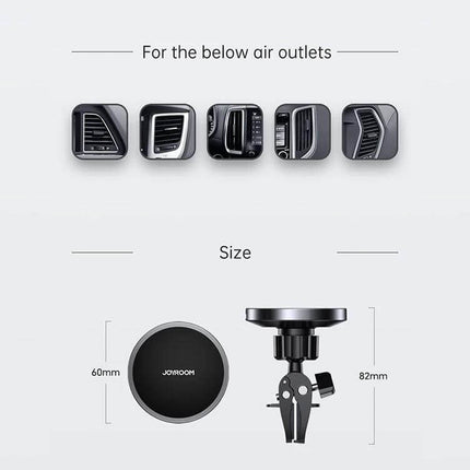 JOYROOM Magnetic Wireless Car Charger Holder for Smartphones showing compatible air vent types and dimensions (60mm disc, 82mm height)