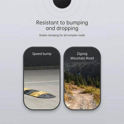 JOYROOM Magnetic Wireless Car Charger Holder for Smartphones showing stable clamping on speed bump and zigzag mountain road