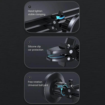 JOYROOM Magnetic Wireless Car Charger Holder for Smartphones showing vent clamp, silicone clip protection and 360° universal ball joint