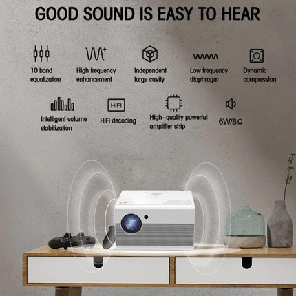 Portable Android Projector for Home Entertainment Use showing Full HD projector on a table with audio icons and home movie setup