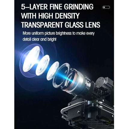 Portable Android Projector for Home Entertainment Use showing 5-layer high-density transparent glass lens assembly and light path
