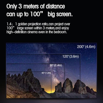 Portable Android Projector for Home Entertainment Use projecting up to 220" screen from 3m, Full HD demo with screen size guide