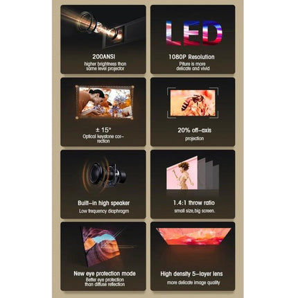 Portable Android Projector for Home Entertainment Use - compact Full HD 1080P LED projector with built-in Android, 220-inch screen, keystone, speaker, 1.4:1 throw ratio