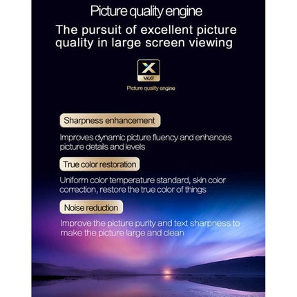 Portable Android Projector for Home Entertainment Use showcasing picture quality engine, sharpness enhancement, true color restoration and noise reduction