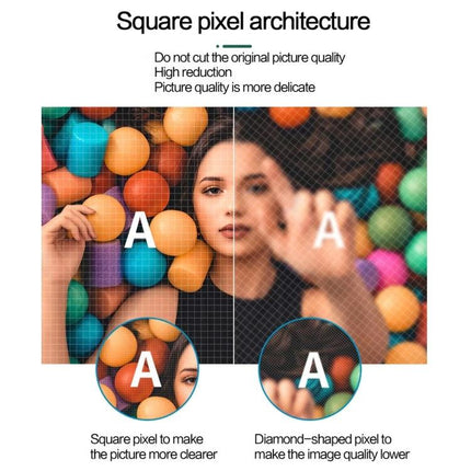 Portable Android Projector for Home Entertainment Use showing split comparison of square vs diamond pixel clarity with colorful ball-pit image