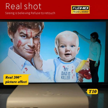 Portable Android Projector for Home Entertainment Use projecting a Full HD 1920x1080 movie on a large screen for family movie night