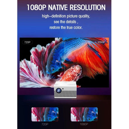 Portable Android Projector for Home Entertainment Use showing 1080P native resolution with vivid colors and 220-inch projection capability