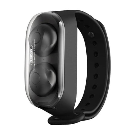 Remax Wristband Earbuds For Jogging And Everyday Wear black wristband TWS earbuds with integrated storage and Bluetooth 5.0