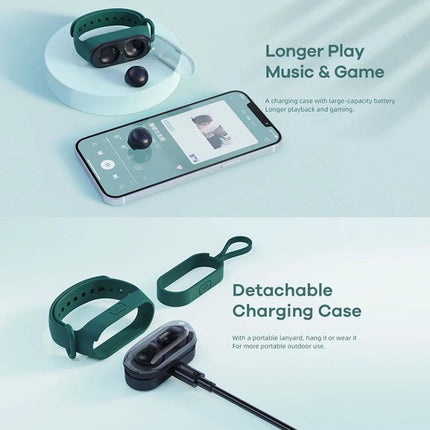Remax Wristband Earbuds For Jogging And Everyday Wear wristband TWS earbuds with detachable charging case beside smartphone