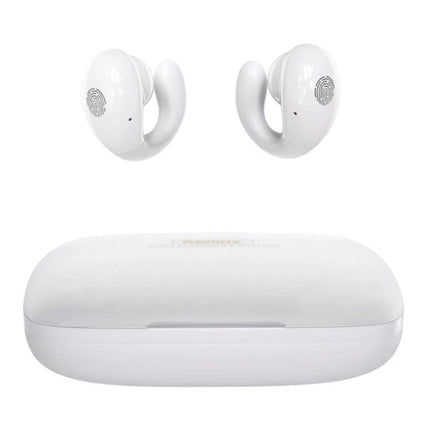 Remax Ear Clip Wireless Earphones With Secure Comfortable Fit For Commuting white ear clip buds with charging case