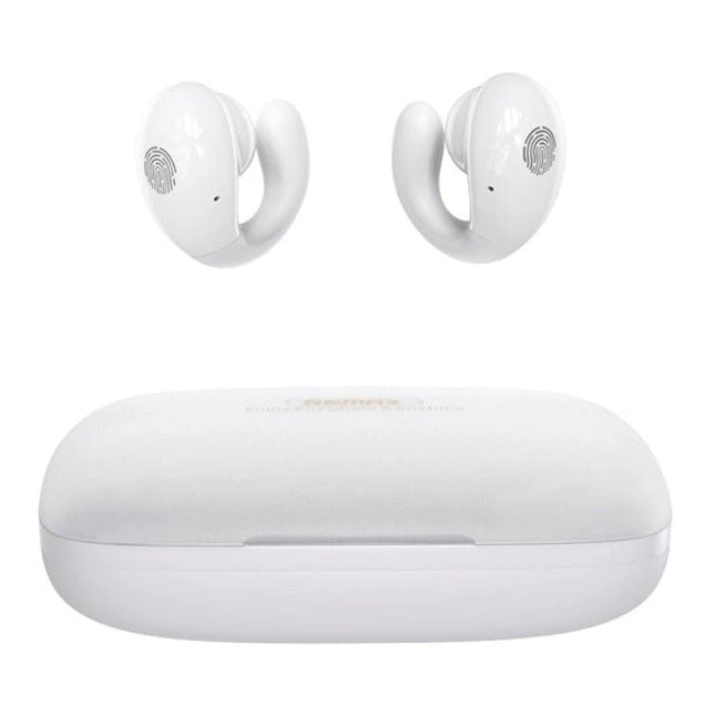 Remax Ear Clip Wireless Earphones With Secure Comfortable Fit For Commuting white ear clip buds with charging case
