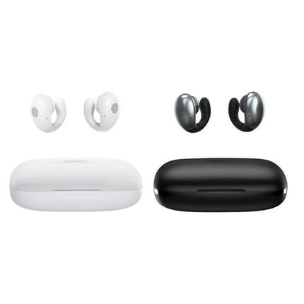Remax Ear Clip Wireless Earphones With Secure Comfortable Fit For Commuting white and black earphones with charging cases