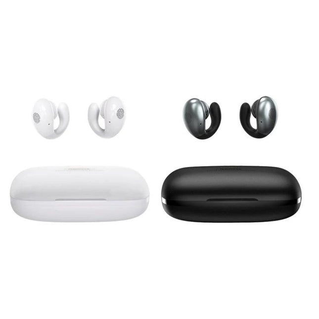 Remax Ear Clip Wireless Earphones With Secure Comfortable Fit For Commuting white and black earphones with charging cases