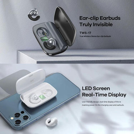 Remax Ear Clip Wireless Earphones With Secure Comfortable Fit For Commuting lightweight Bluetooth ear-clip earbuds charging case