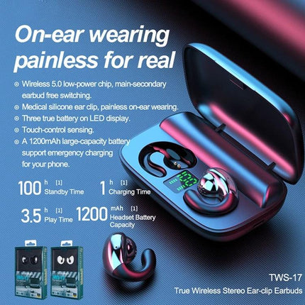 Remax Ear Clip Wireless Earphones With Secure Comfortable Fit For Commuting lightweight Bluetooth 5.0 earbuds with charging case