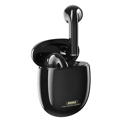 Remax TWS Earphones For Commuting And Daily Listening sleek black TWS-23 earbuds with charging case, magnetic earpieces, ergonomic fit