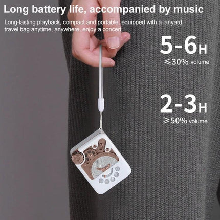 Remax Portable Bluetooth Speaker For Outdoor Travel And Picnics shown hanging by lanyard, compact design with long battery life info