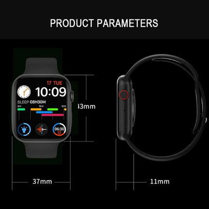 Versatile Smart Watch for Everyday Activity Tracking - black smartwatch front and side view with dimensions 37mm x 43mm x 11mm, activity and sleep display