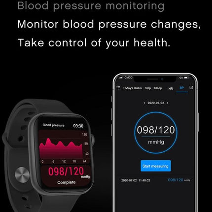 Versatile Smart Watch for Everyday Activity Tracking showing blood pressure 098/120 on watch and synced phone app