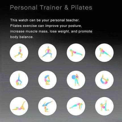 Versatile Smart Watch for Everyday Activity Tracking with Pilates icons showing exercises and Bluetooth activity syncing