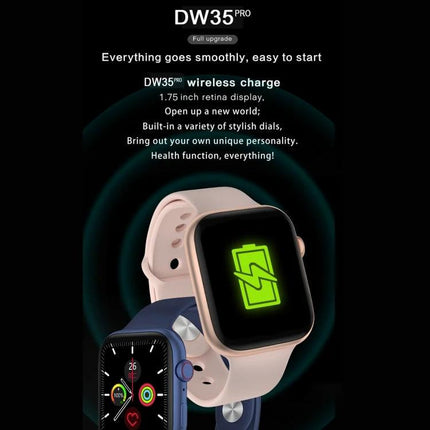 Versatile Smart Watch for Everyday Activity Tracking - DW35 Pro showing Bluetooth sync, heart rate and step monitoring on 1.75-inch display