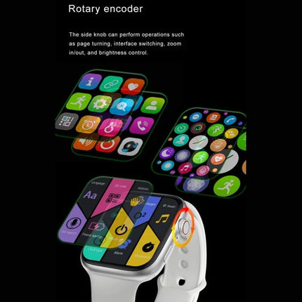 Versatile Smart Watch for Everyday Activity Tracking showing colorful app icons, rotary encoder knob and white sport band