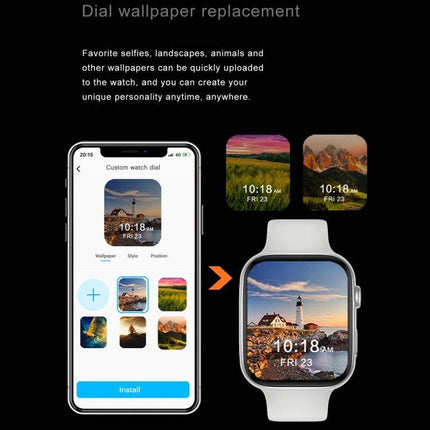 Versatile Smart Watch for Everyday Activity Tracking - white smartwatch showing custom wallpaper and phone app syncing watch face