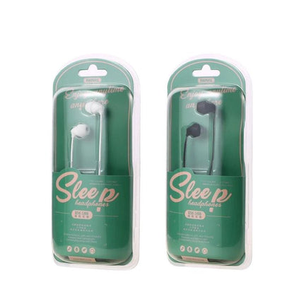 REMAX In Ear Sleep Earphones With Low Profile Comfort Fit packaged white and black low-pressure silicone earbuds for side sleepers