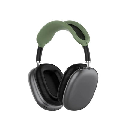 Alt Tag: Silicone Protective Case for Everyday AirPods Max Use shown on gray AirPods Max with green silicone headband cover protecting headphones from scratches