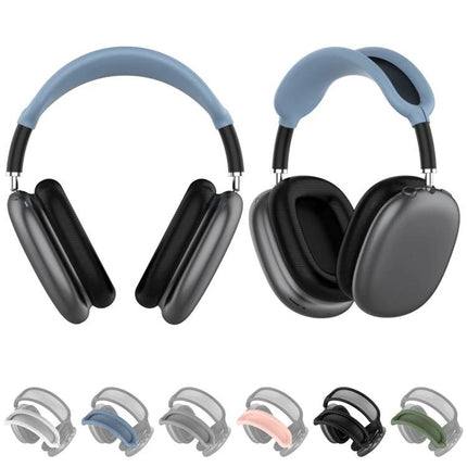 Silicone Protective Case for Everyday AirPods Max Use shown on gray AirPods Max with blue headband cover and color options