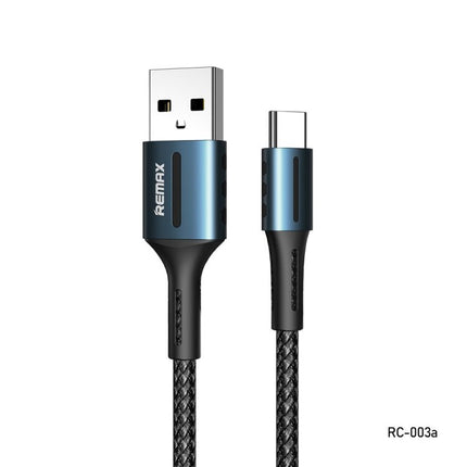 Remax Barrett Series 2.4A USB Type C 8 Pin Braided Cable 1m showing USB-A to USB-C braided aluminum alloy design, durable in-mold connectors