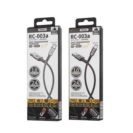 Remax Barrett Series 2.4A USB Type C 8 Pin Braided Cable 1m packaging showing braided cable, aluminum alloy connectors, 2.4A fast charge and 1m length