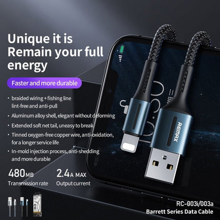 Remax Barrett Series 2.4A USB Type C 8 Pin Braided Cable 1m showing braided aluminum alloy connectors and durable 1m length