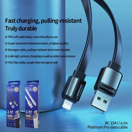 Remax Platinum Pro 2.4A Charging Data Cable Type C 8 Pin Micro USB 1m - 1m TPE flat cable, 2.4A fast charging and durable pulling-resistant design