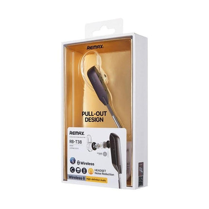 Remax Single Ear Bluetooth Headset For Hands Free Calls And Commute in retail packaging showing pull-out design