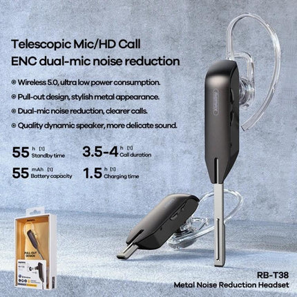 Remax Single Ear Bluetooth Headset For Hands Free Calls And Commute metal housing telescopic mic noise reduction