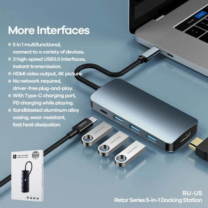 Remax 5-in-1 Type-C Docking Station for Multi-Device Connections - slim aluminum hub with 3 USB3.0 ports, HDMI and Type-C PD for laptops and phones