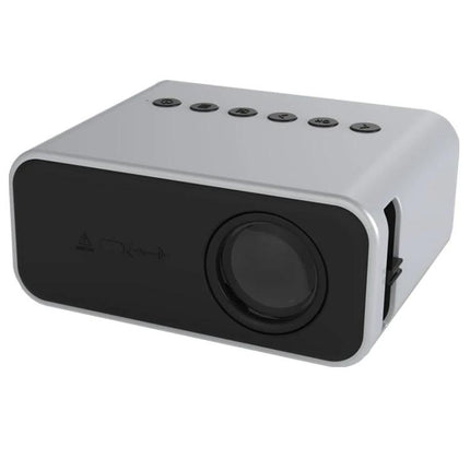 Portable LED Projector for Home Theater and Movie Viewing - compact white LED projector with lens and top control buttons for home theater and movie nights