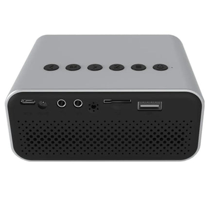 Portable LED Projector for Home Theater and Movie Viewing compact grey unit front ports and control buttons, ideal for home movie nights