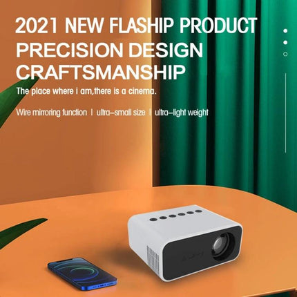 Portable LED Projector for Home Theater and Movie Viewing compact white projector on table with smartphone, home theater setup