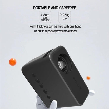 Portable LED Projector for Home Theater and Movie Viewing - compact black portable LED projector held in hand, slim 0.25kg design, pocketable