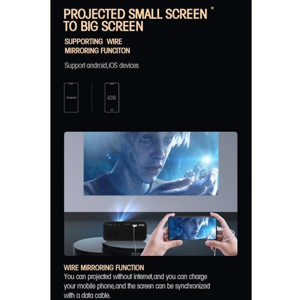 Portable LED Projector for Home Theater and Movie Viewing projecting smartphone screen onto large wall for home movie night