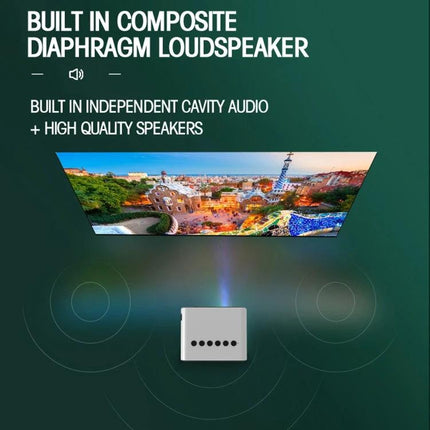 Portable LED Projector for Home Theater and Movie Viewing compact unit projecting vivid image with built-in composite diaphragm loudspeaker