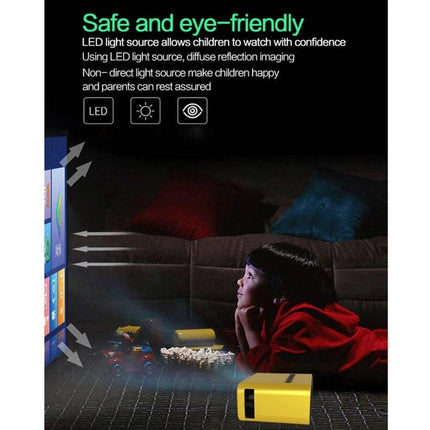Portable LED Projector for Home Theater and Movie Viewing showing child watching projected movie from compact yellow projector in living room