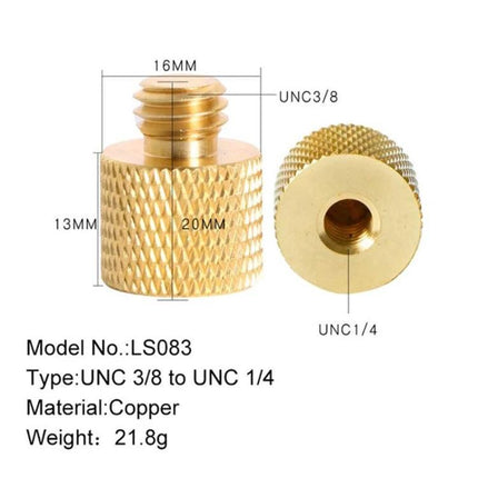 BEXIN 1/4 Inch Female to 3/8 Inch Male Tripod Adapter solid brass knurled connector showing UNC3/8 and UNC1/4 threads, 20mm x 13mm