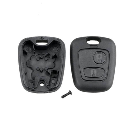 Replacement Key Case for Peugeot 2-Button Car Keys showing front and back halves with two-button layout and mounting screw