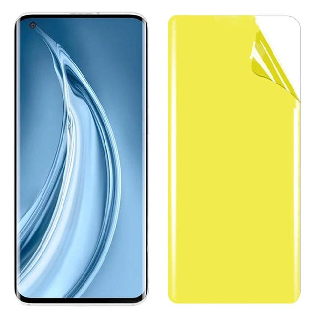 Soft TPU Full Coverage Screen Protector For OPPO And Xiaomi on curved display showing edge-to-edge clear film and yellow installation backing