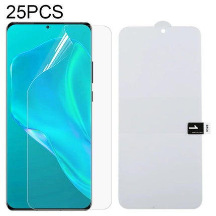 Hydrogel Screen Protector for OPPO and Huawei Devices, 25-Pack flexible bubble-free curved screen protectors shown on smartphone and sheet