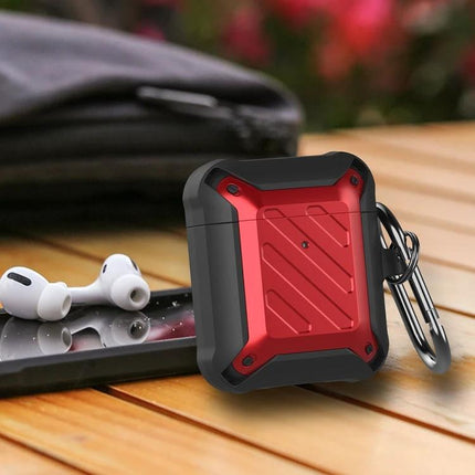 Protective Case for AirPods Safeguards During Daily Activities — red rugged dustproof AirPods case with carabiner, slim hands-free protection